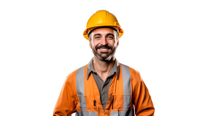 Happy builder cut out. Smiling builder man with orange helmet on transparent background