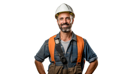 Happy builder cut out. Smiling builder man with helmet on transparent background