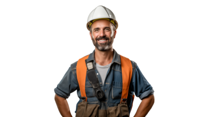 Happy builder cut out. Smiling builder man with helmet on transparent background