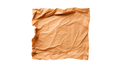 Square piece of crumpled brown craft paper cut out. Craft crumpled paper on transparent background