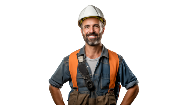Happy builder cut out. Smiling builder man with helmet on transparent background