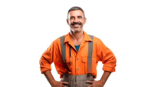 Happy builder cut out. Smiling worker man on transparent background