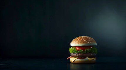 Very tall hamburger, on a dark background, realistic, HD, copy space - generative ai