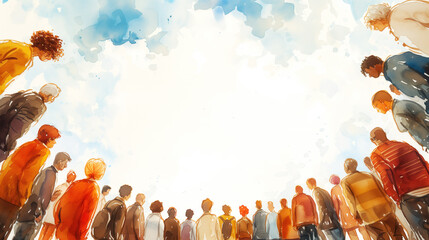 Watercolor drawing of a group of diverse modern people, different in ethnicity, age and appearance. 