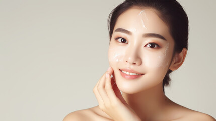 Radiant young woman with moisturizer on her face promoting skincare routine