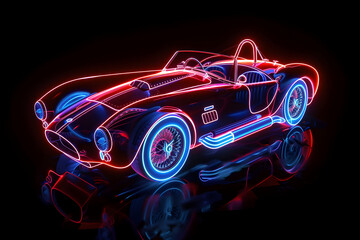 Neon wireframe classic sports car isotated on black background. Created with generative AI.