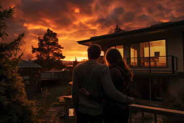 Loving couple enjoying a beautiful sunset from home balcony