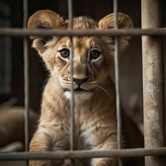 AI generated illustration of a young lion cub perched on the ground in front of an iron cage