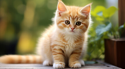 Obraz premium Adorable ginger kitten sitting outdoors with a curious gaze