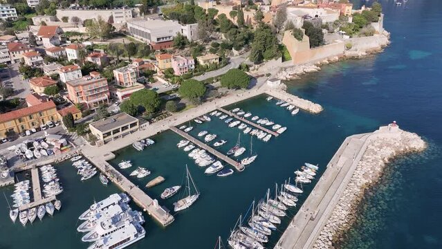 Drone flies above the royal port of La Darse in Villefranche-sur-Mer. France