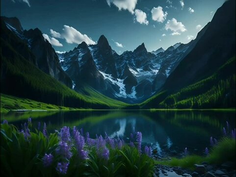 3d rendered animation of a field of blue flowers with mountains and rivers in the background