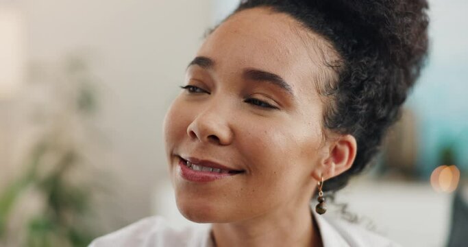 Smile, thinking and face of woman at her home relaxing on sofa with memory in living room. Happy, remember and young female person with planning facial expression in lounge at modern apartment.