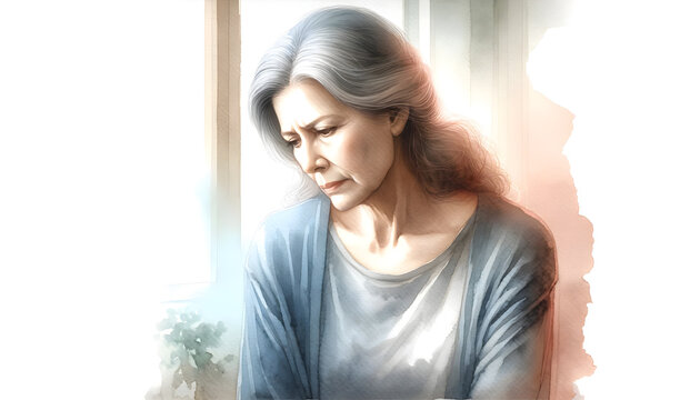 Mature Woman in Contemplation, Soft Watercolor Light and Shadow

