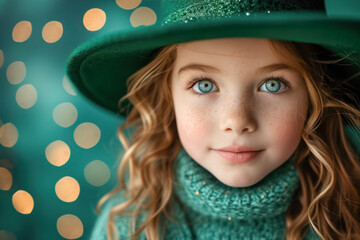 Cute little girl wearing in a St Patrick's day hat against a green background.	
