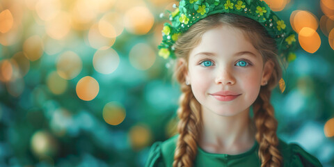 Fototapeta na wymiar Cute little girl wearing in a St Patrick's day hat against a green background. 