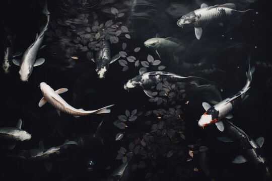 Koi carps swimming in pond with dark water. Generative AI.