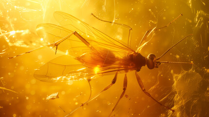Mosquito in amber, ancient insect trapped, paleontology concept.
