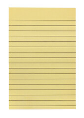 Yellow rectangular note book paper, top view. Isolated cutout on a transparent background.