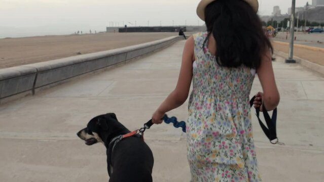 Adorable little girl walking with her breedless dog