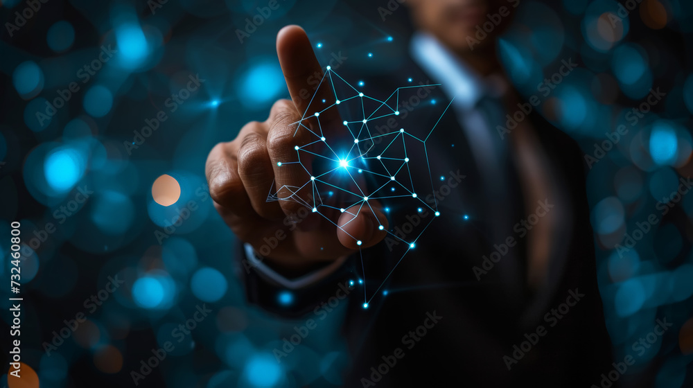 Wall mural businessman touching virtual display to connect digital software of network services. digital future
