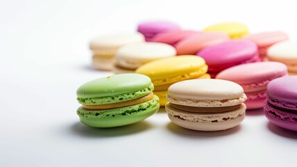 AI generated illustration of colorful macarons arranged on a white table surface