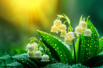 Fresh lilies of the valley with morning dew drops illuminated by soft sunlight.