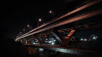 AI generated illustration of a busy bridge illuminated by lights against a night sky