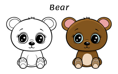 Cute bear. Coloring book illustration. Outline and colored variants.