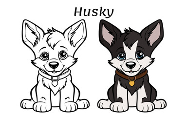 Cute husky puppy. Coloring book illustration. Outline and colored variants.