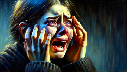 Vivid Emotional Portrait: Woman Crying in Desperation and Fear
