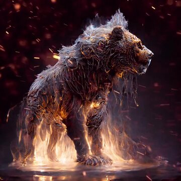 AI generated digital art of a burning lion with flying sparkles on dark background