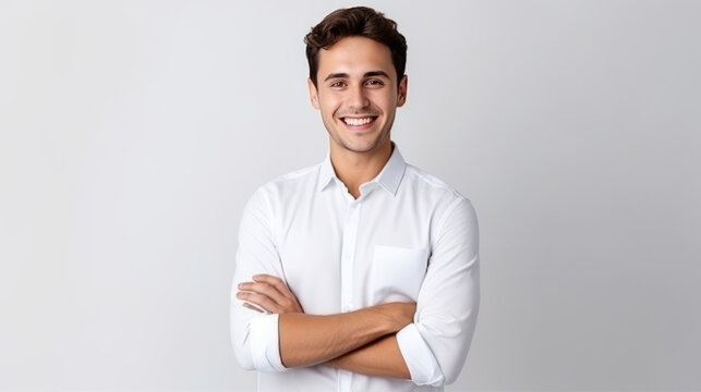 Confident young man in white shirt smiling with arms crossed