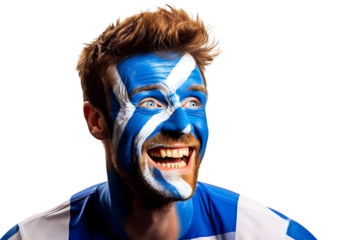 man soccer fun portrait with painted face of scottish national flag isolated on transparent background