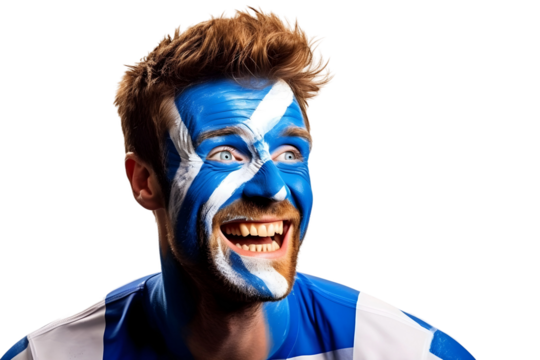 man soccer fun portrait with painted face of scottish national flag isolated on transparent background