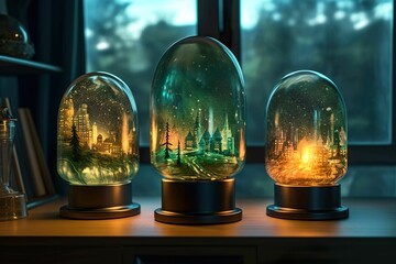 AI generated illustration of snow globes with illuminated cityscapes inside