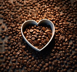 Fototapeta premium White mug in the shape of a heart, filled with freshly roasted coffee beans.. AI-generated.