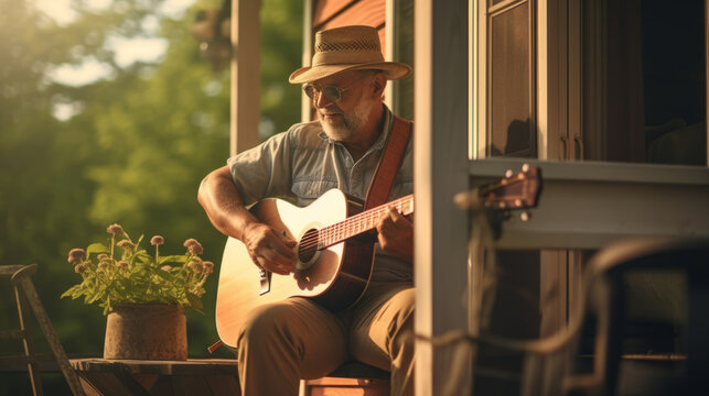 Senior man playing an acoustic guitar on porch during sunset - Powered by Adobe