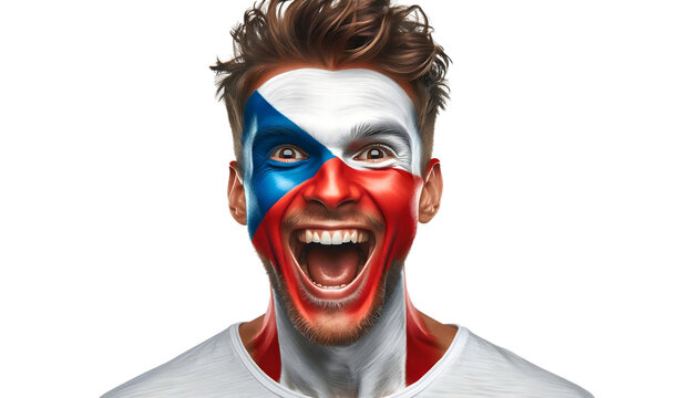 man soccer fun portrait with painted face of czech national flag isolated on transparent background