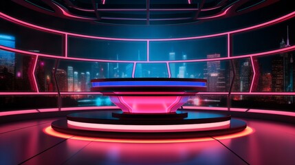 Dynamic news studio set with anchorman table, digital screens, and neon illumination - vector illustration - obrazy, fototapety, plakaty