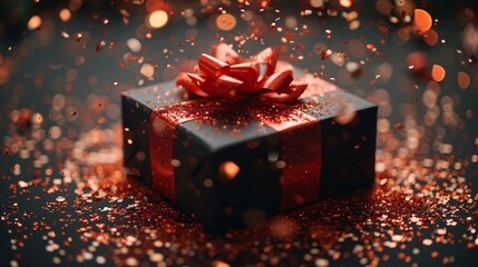Glittery Gift Box with a Red Bow for a Festive Holiday Generative AI