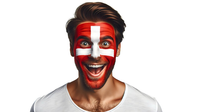 man soccer fun portrait with painted face of swiss national flag isolated on transparent background