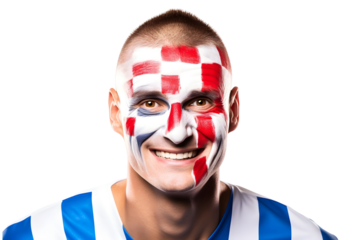 man soccer fun portrait with painted face of croatian national flag isolated on transparent background