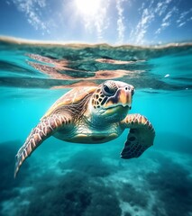 Fototapeta premium AI generated illustration of a turtle swimming in pristine, crystal clear water