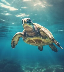 Obraz premium a green sea turtle swimming in a clear blue water area