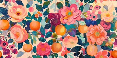 Vibrant hand-painted floral and fruit seamless pattern with colorful blooms flowers and fruits, bright floral background. Botanical wallpaper with gold.