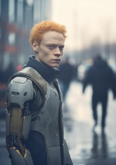 AI generated illustration of a young ginger male cyborg with a human head and a robot body