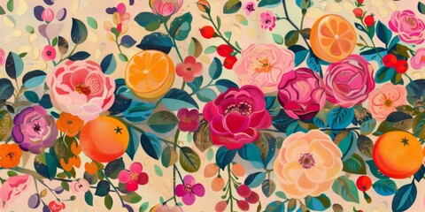 Vibrant hand-painted floral and fruit seamless pattern with colorful blooms flowers and fruits, bright floral background. Botanical wallpaper with gold.