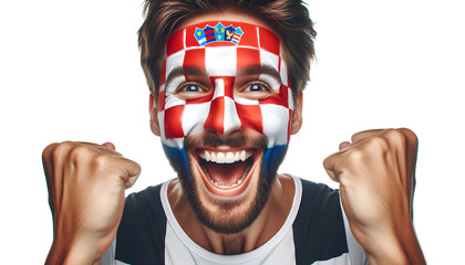 man soccer fun portrait with painted face of croatian national flag isolated on transparent background - obrazy, fototapety, plakaty
