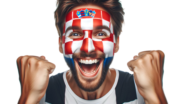 man soccer fun portrait with painted face of croatian national flag isolated on transparent background - Powered by Adobe