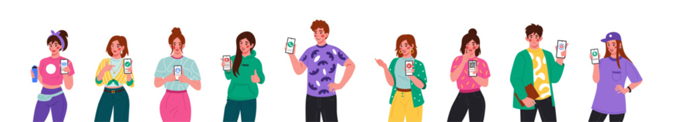 People with phones. Happy men and women holding smartphones. Cellular communication. Young persons show mobile screen. QR code and mail app. Online shopping. Telephone user. Vector tidy characters set - obrazy, fototapety, plakaty